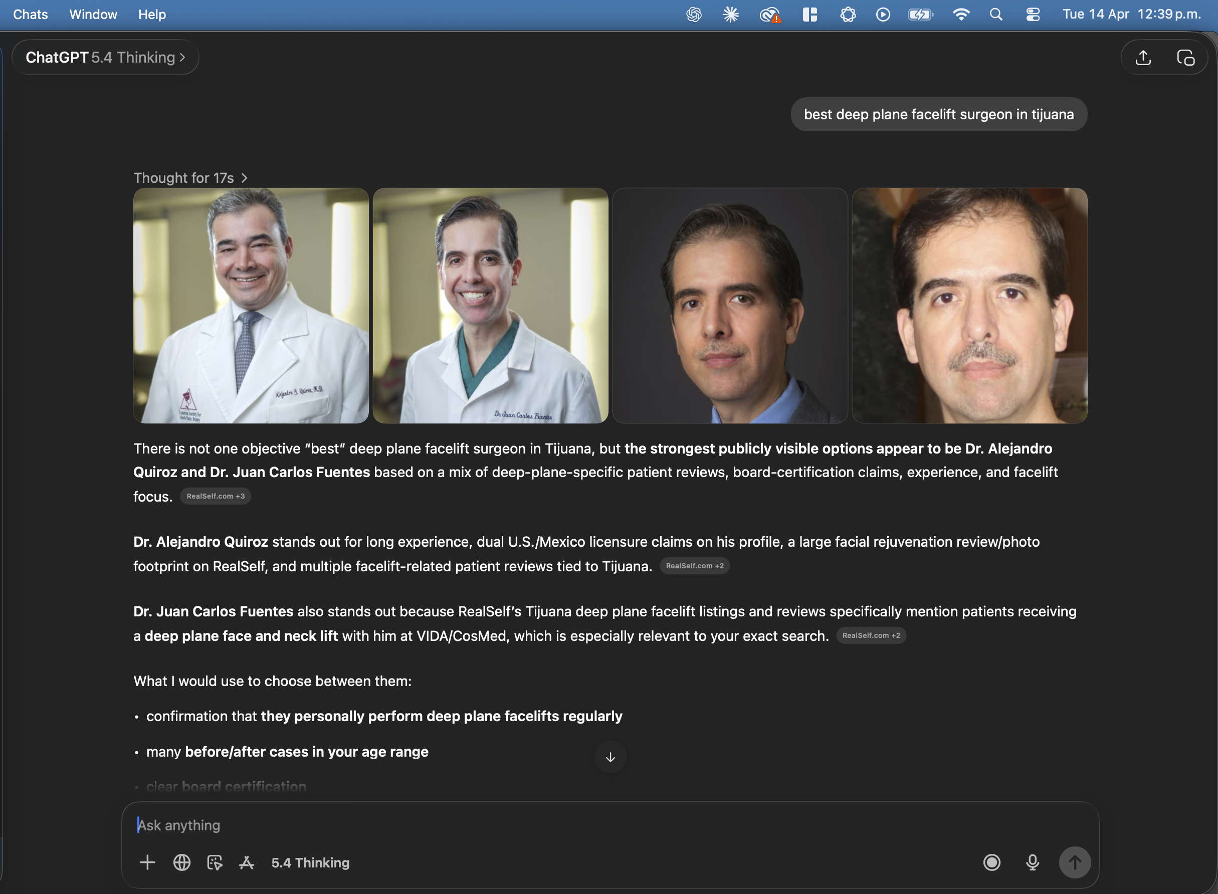 ChatGPT recommending Dr. Quiroz and Dr. Fuentes