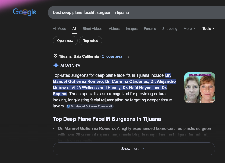 Google AI Overview naming Dr. Quiroz at VIDA