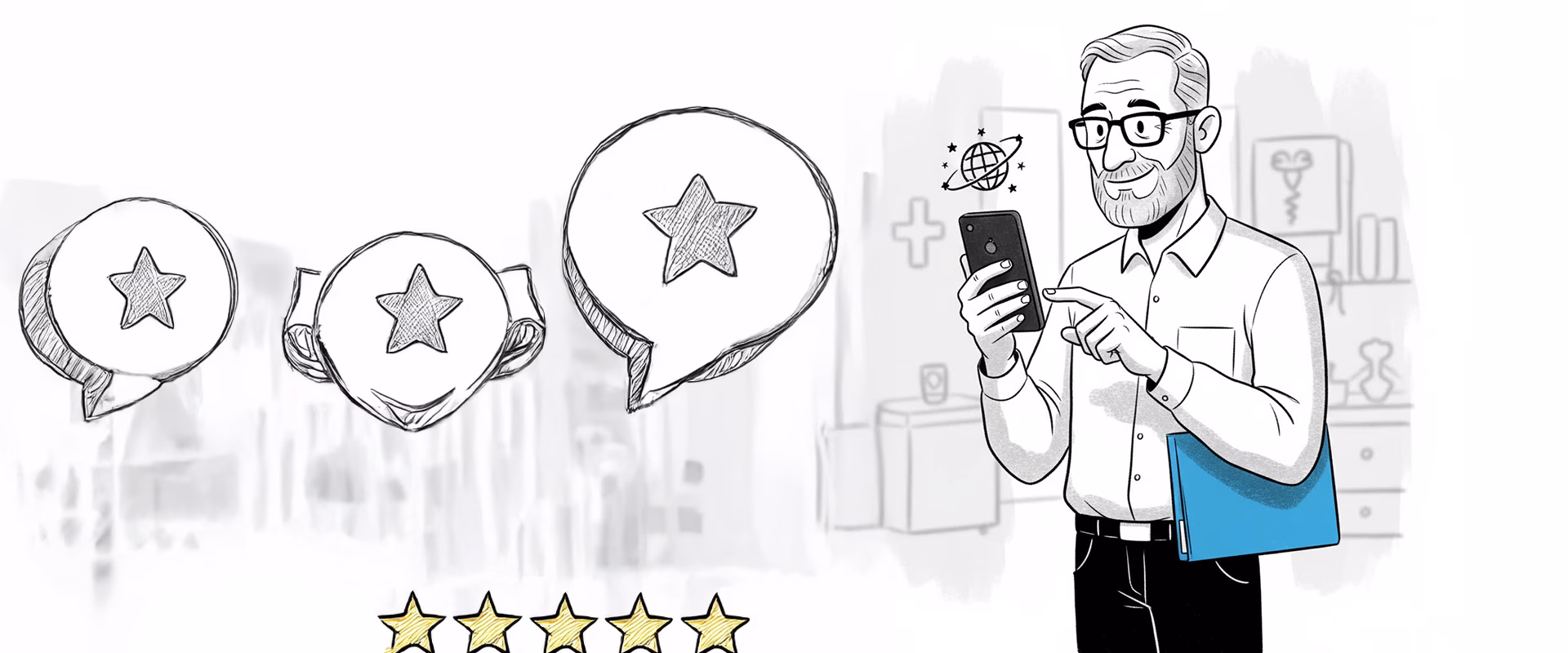An illustration of a friendly doctor using a smartphone to manage his online reputation, with icons of star ratings and patient reviews.