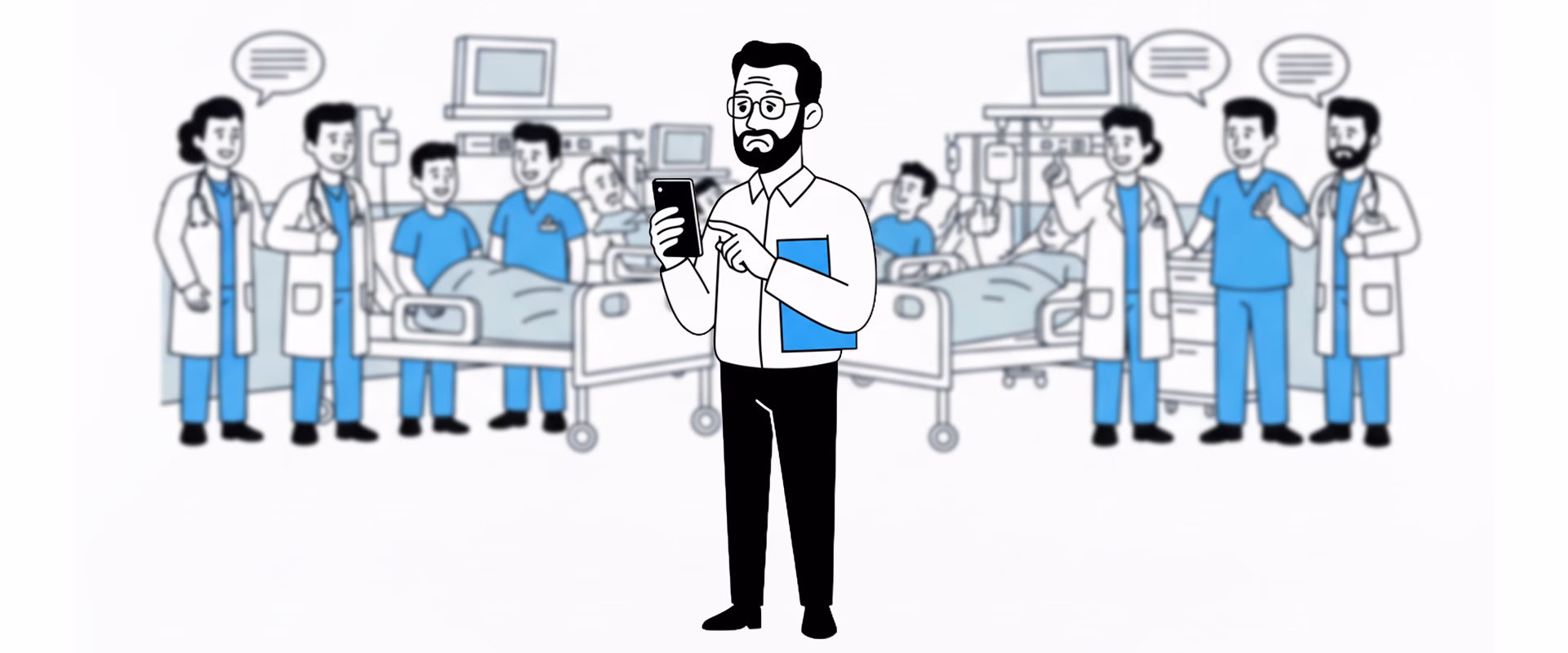 Vector illustration of Tijuana medical tourism, forked path by a clinic and the arch, glowing figure shows an unseen rival.